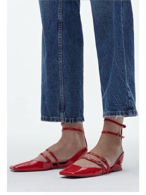 Zara Red Patent square-Strap Ankle Tie Flats